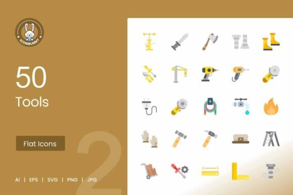50 Tools Flat Multicolor Icons for Crafting Graphics