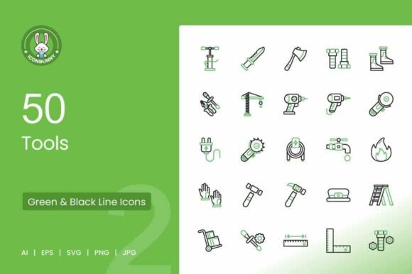 50 Tools Green Black Icons: A Versatile Graphics Set
