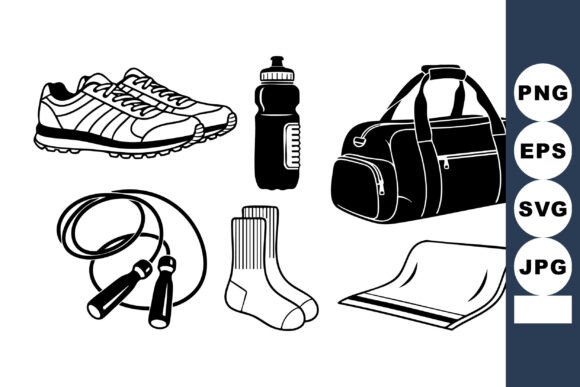 Monochrome Fitness Gear Icon Set for Modern Graphics