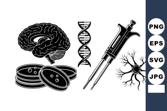 Monochrome Neuroscience Icons for Crafts and Graphics
