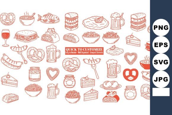 Red Line Art Food Icons: Perfect for Local Branding